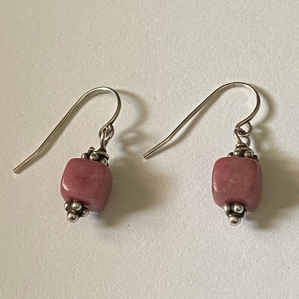 Vintage Sterling Silver Pink Rhodolite Semi Precious Stone Earrings - Picture 6 of 6